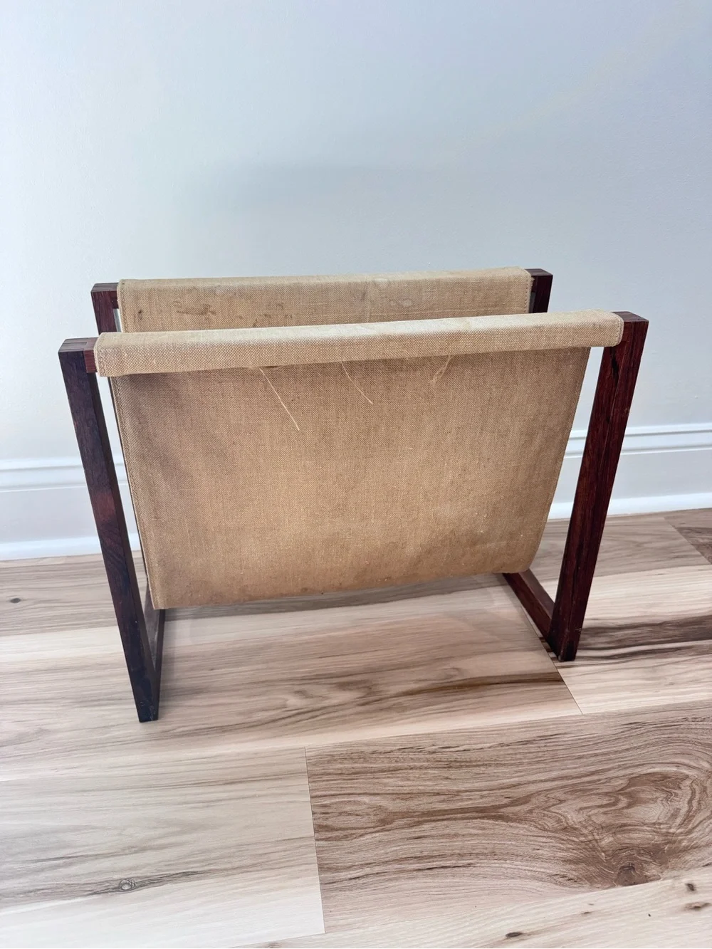 Vintage Mid Century Wooden Magazine Rack Canvas Sling Holder MCM 1960s Decor